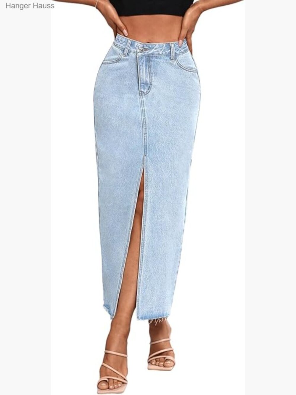 High Waist Stretch Maxi Denim Skirt Front Split Frayed Raw Hem A Line - Picture 1 of 7